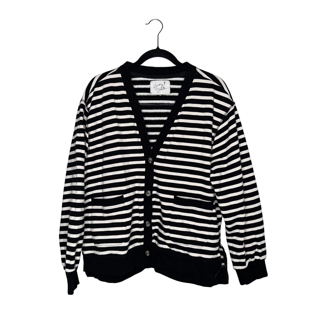 Grey State Black White Stripe Cardigan Sweater Knit V Neck Button‎ Front XL
